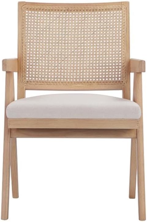 Pemberly Row Contemporary Arm Chair Bone Polyester Blend Fabric Wooden Frame Cane Chair Design Fully Assembled Modern Accent Chair for Living Room or Bedroom Use