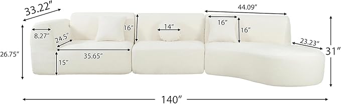 140 Modular Sectional Sofa with Curved Chaise Lounge Oversized Modern Sofa Set Right Hand Facing with Chenille Fabric Boneless Couches for Living Room 3-Piece Set Off-White