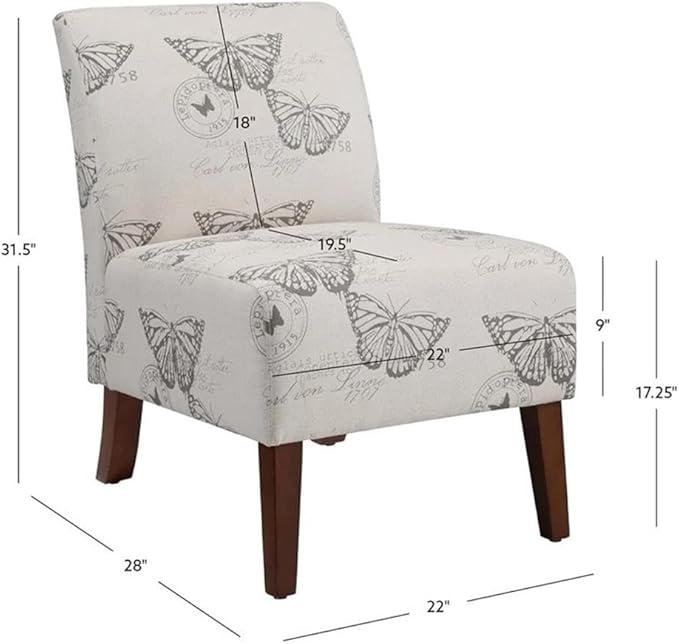 Atlin Designs Contemporary Fabric Slipper Chair Gray Linen Butterfly Print Upholstery Eucalyptus Wood Frame Dark Espresso Finish 31.5H x 22W x 28D Plush Seat and Back Accent Chair for Living
