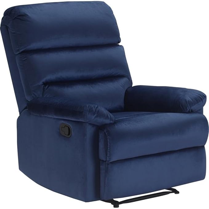 Pemberly Row Davis Recliner Chair Modern Blue Upholstery Plush Comfortable Cushions Tab Pull Reclining Motion Sleek Design for Living Room or Home Theater