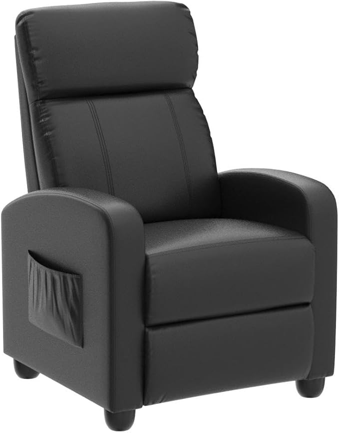 POWERSTONE Recliner Chair PU Leather Recliner with Massage Function Small Reclining Chair Single Sofa Chair Home Theater with Thicker Cushion Wing Back Reading Chair for Living Room Office (Black)