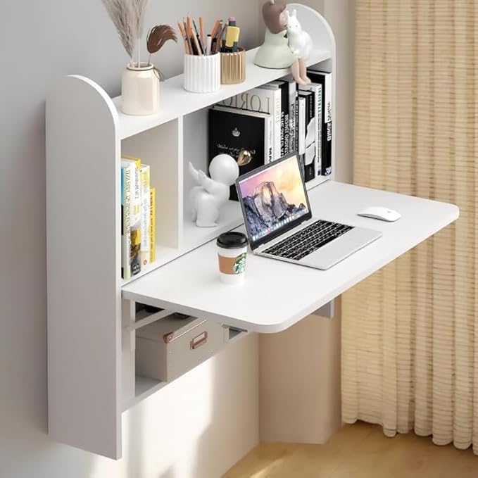 Wall Mounted Drop-Leaf Table Floating Laptop Desk Folding Table with Shelves Multifunctional Computer Workstation with Storage Compartments in Home Office for Space Saving (White)