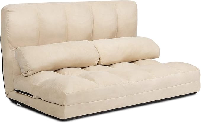 S AFSTAR Safstar Floor Folding Couch and Futon Sofa 6-Position Fabric Sleeper Sofa Bed with 2 Pillows and Sponge Filling Adjustable Lazy Sofa for Living Room and Bedroom(Beige)
