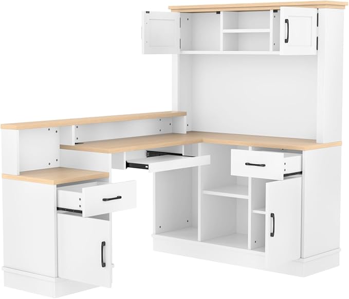 L-Shaped Home Office Desk with Storage Drawers Shelves and Cabinet Study Table Gaming Computer Desk with Keyboard Tray for Apartroom Living Room White