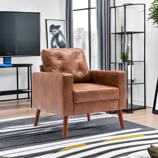 HNY Mid Century Modern Armchair Button Tufted Faux Leather Accent Chair with Armrests Upholstered Club Chair for Living Room Bedroom &amp Office Caramel Brown