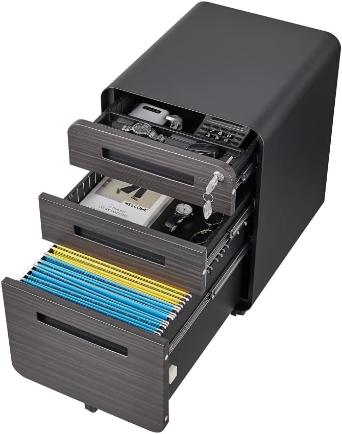 3-Drawer Mobile Filing Cabinet with Lock Metal Filing Cabinet to be Installation Required (Black Wood)