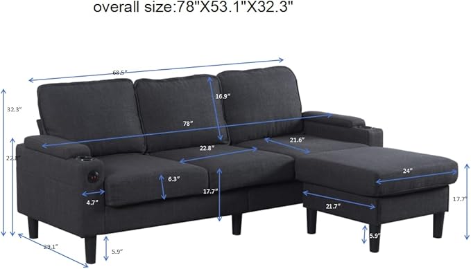 WDYLWFHW78'' Sectional Sofa Couches for Living Room 3 Seat L-Shaped Couch with Storage Ottoman Upholstered L Shaped Sofas with Footrest &amp Cup Holder &amp USB for Apartment Bedroom (Black)