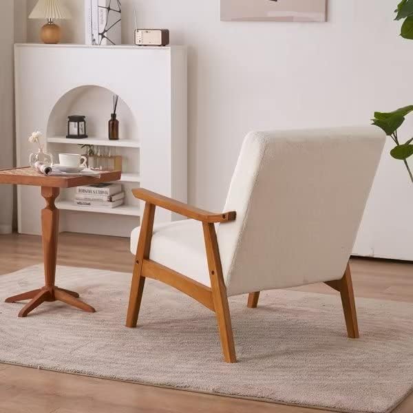 JINS&ampVICO Modern Accent Chair Teddy Velvet Armchair Upholstered Mid Century Lounge Chair with Removable Padded Cushion and Wood Frame Comfy Reading Chair for Living Room/Bedroom Creamy-White