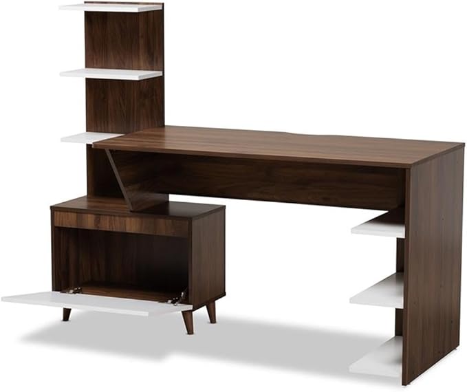 BOWERY HILL Storage Computer Desk 60.6 Wide Wood Construction White and Walnut Brown Finish 6 Shelves with Enclosed Compartment Mid-Century Style for Home Office or Workspace