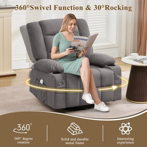 Oversized Recliner Chair for Adults w/ 4-Point 3D Kneading Massage and Lumbar Heating Swivel Rocker Recliner w/USB Charge Port for Living Room Ergonomic Lazy Boy Single Sofa Chair (Gray)