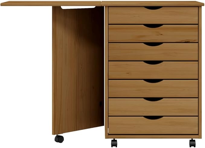Foldable Design Rolling Cabinet with Desk Folding Computer Desk with 7 Storage Drawers Mobile Home Office Desk with Smooth Wheels Honey Brown