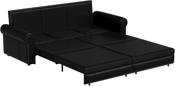 93.7 King Pull Out Sofa Bed Faux Leather Sleeper Sofa Couch 3 in 1 Convertible Futon Couches for Living Room Small Space Apartment Office Bedroom Modern Rivet Armrest Black