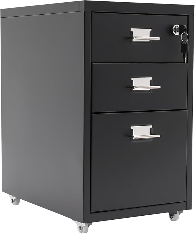 Metal Mobile File Cabinet Rolling Steel Vertical File Cabinet Filing Storage Organizer with Lock and Wheel for Home Office Legal/Letter Size 3-Drawer Black