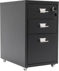 Metal Mobile File Cabinet Rolling Steel Vertical File Cabinet Filing Storage Organizer with Lock and Wheel for Home Office Legal/Letter Size 3-Drawer Black