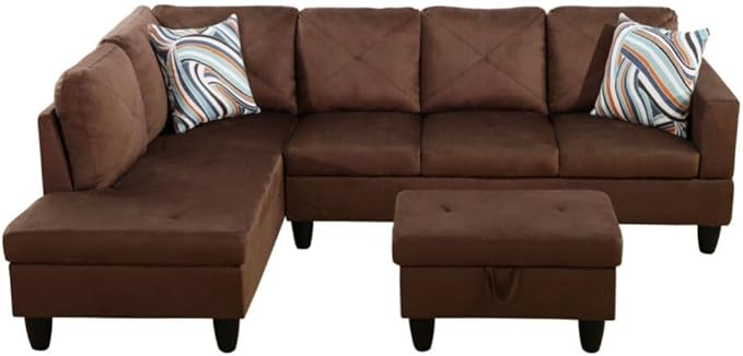 Brown L-Shaped 3-Piece Microfiber Sofa with Storage Ottoman Set Sectional Couch Sofa Set for Living Room Office Small Space