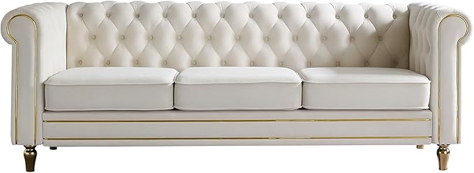 3 Seater Chesterfield Button Tufted Velvet Sofa Wide Upholstered Couch with Rolled Arms Removable Cushions Metal Legs for Living Room Office Apartment (Beige)