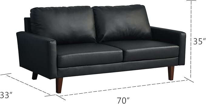 Faux Leather Sofa Mid-Century Modern Couch with Wooden Legs for Living Room Office Black