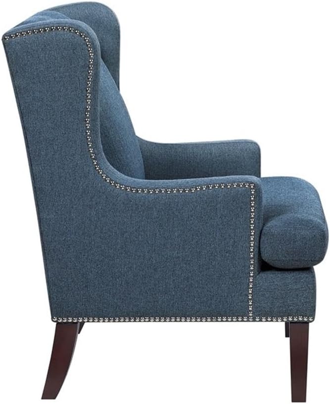 Pemberly Row Contemporary Wingback Accent Chair Blue Textured Fabric Upholstery Nailhead Trim High Backrest Cushioned Seat Sturdy Wooden Legs Stylish Living Room or Office Decor