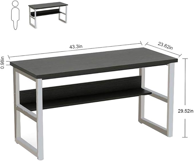 Wooden 43in Computer Desk with Storage Shelf and Metal Stand Modern PC Laptop Workstation Study Table at Home Office Table (Black Desktop+White Legs)