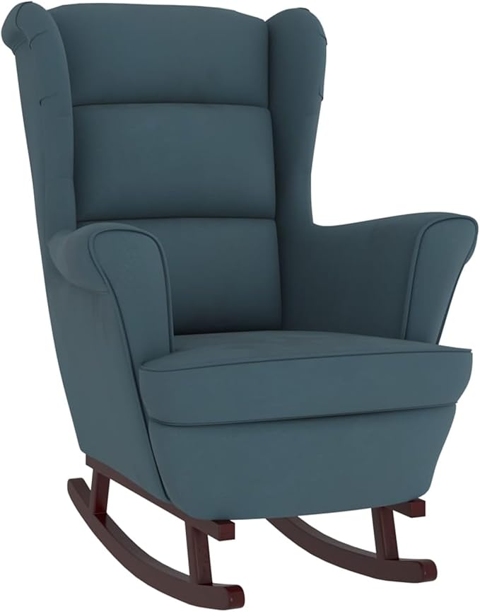 Rocking Chair with Solid Wood Rubber Legs Blue Velvet Relaxing Chair Rocking Chair Relaxing Lounger Living Room