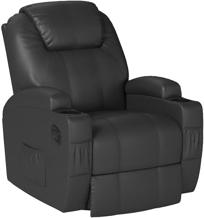 Furniwell Rocker Recliner Chair with Massage for Elderly Leather Adjustable 360°Swivel Rocking Sofa for Living Room with Remote Control Cup Holders (Black)