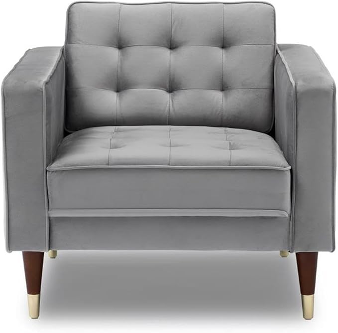 Allora Velvet Tufted Club Chair 30 H x 33 W x 33 D Upholstered in Light Gray Velvet Wood Legs with Gold Caps Mid-Century Modern Accent Chair for Living Room or Bedroom