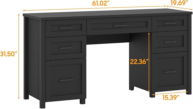 Vabches Farmhouse 61'' Executive Desk with 5 Drawers Rustic Office Desk Computer Table with File Drawers and Storage Cabinet Wood Workstation for Study and Home Office(Pure Black)