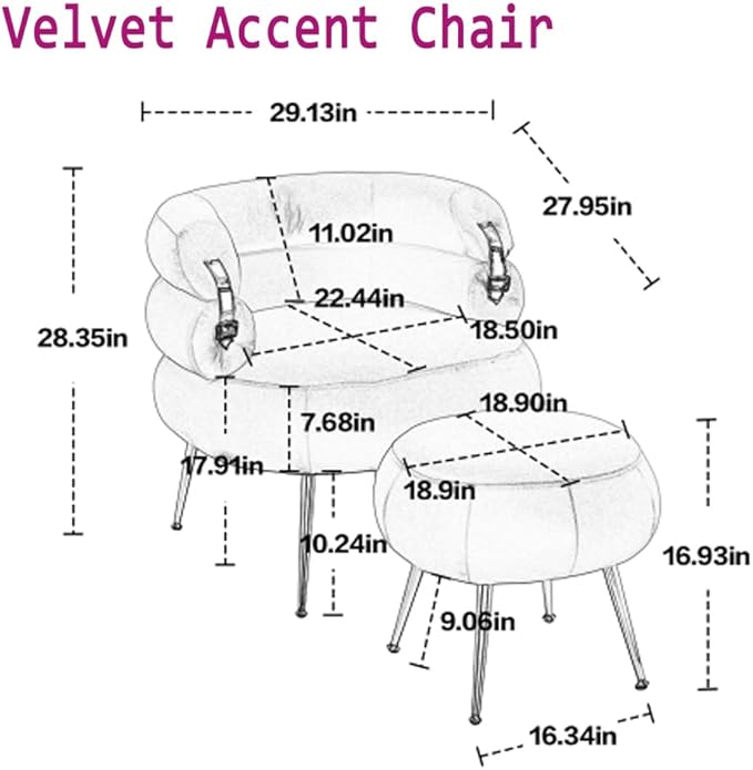 Single Sofa Chair Velvet Accent Chair with Ottoman Round Sofa Chair Modern Barrel Chair with Gold Buckle and Leg for Living Room Bedroom Waiting Room Small Spaces (Red)