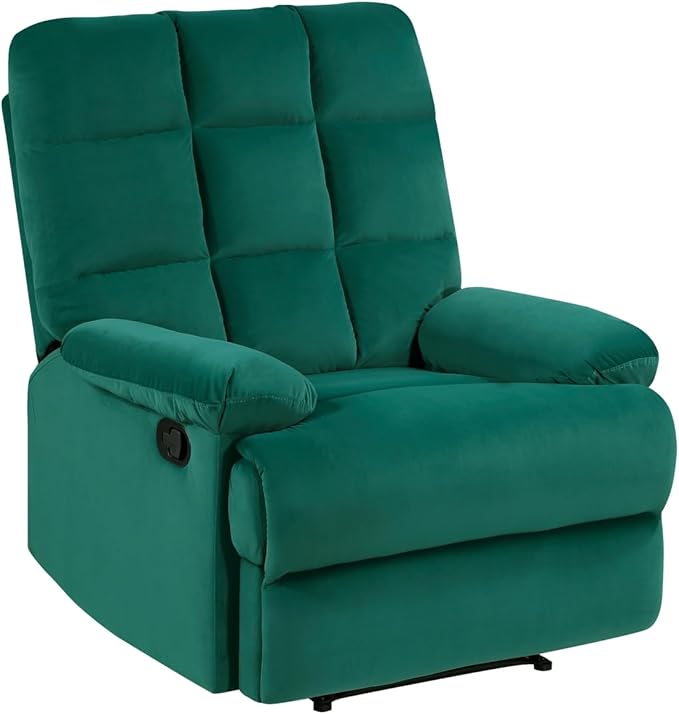 Green Velvet Upholstery Recliner - Modern Luxurious Living Room Chair with Pillowtop Arms