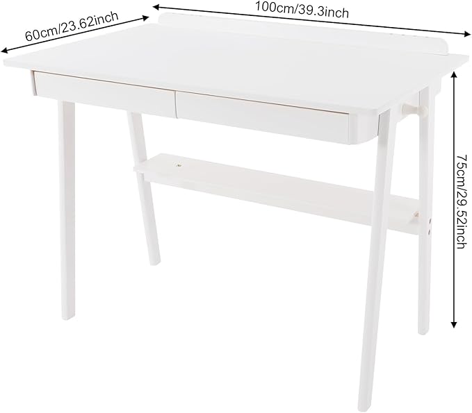 Modern Computer Desk with 2 Drawers &amp Storage Shelf Solid Wood Writing Desk for Home Office 39.3 Large Desktop 330 lbs Load Capacity Ergonomic Study Table (White)
