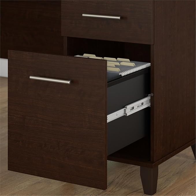 Pemberly Row Contemporary 60W L-Shaped Desk Mocha Cherry Finish Engineered Wood Pull-Out Keyboard Tray Vertical Storage Cabinet File and Box Drawers Home Office Desk