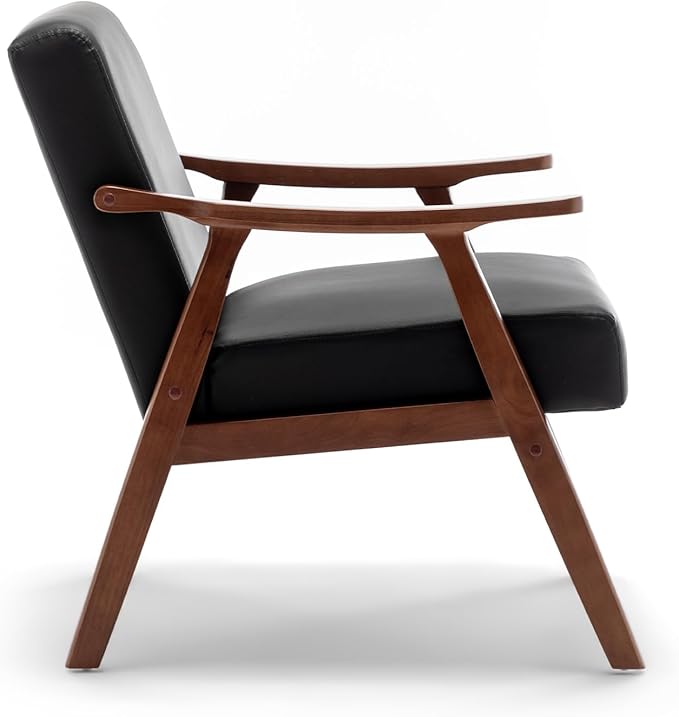 Mid Century Accent Chair Boho Farmhouse Accent Chairs for Living Room Retro Single Lounge Reading Armchair with Solid Wood Frame (Faux Leather in Black)