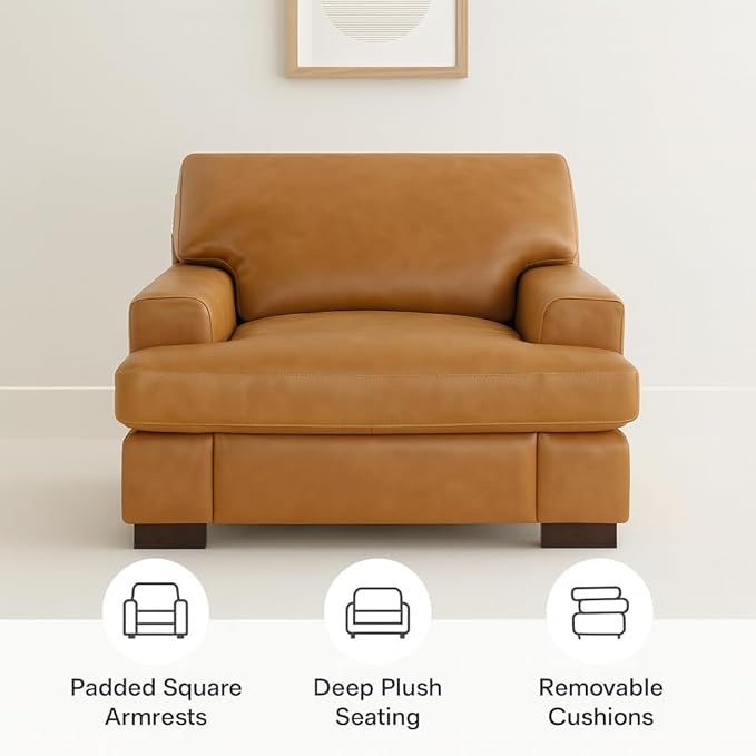 Siggy 400 LBS Capacity Genuine Leather Accent Chair – Goose Feather Cushion Filling for Cloud-Like Comfort Easy Assembly Tan Mid-Century Modern Single-Seat Sofa for Living Room