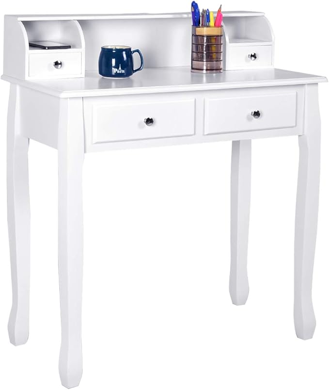 GOFLAME Writing Desk Large Storage Space with 4 Drawers Secretary Table Computer Desk Writing Table with Detachable Tabletop Organizer Suit for Home and Office Use (White)