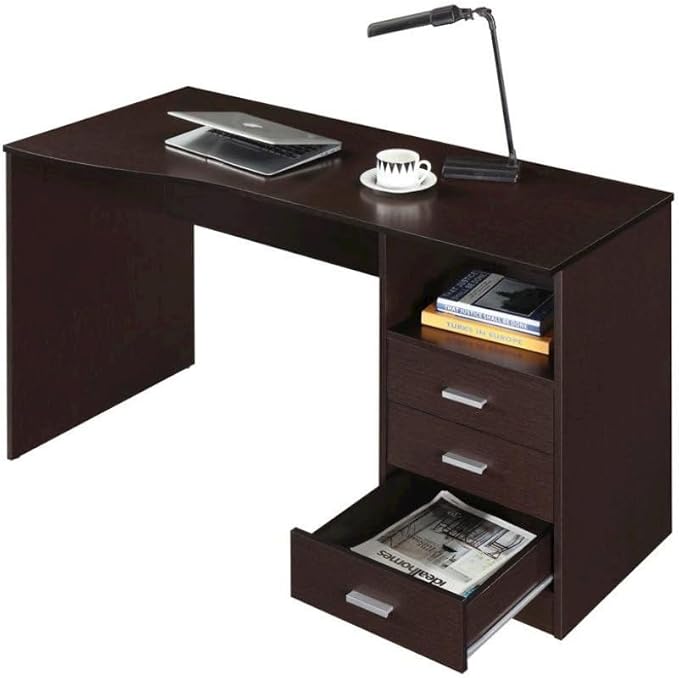 Brown Wood Desk with Storage Featuring 3 Drawers Under Table Shelf Contoured Top for Home Office Use As Writing Desk Or Computer Workstation