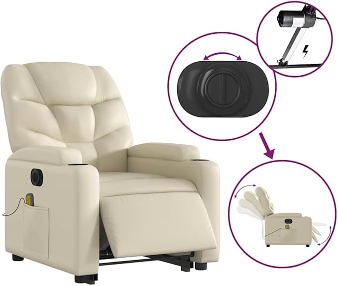 vidaXL Electric Massage Recliner Chair - Cream Faux Leather Stand Up Armchair with Power Lift Vibration Massage Cup Holders for Living Room