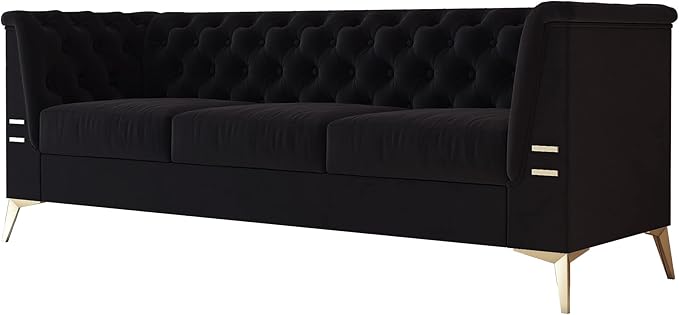 Black Chesterfield Velvet Couch for Living Room3 Seater Tufted Sofa with Gold Metal Legs Large Upholstered Comfy Couch (Black 82)