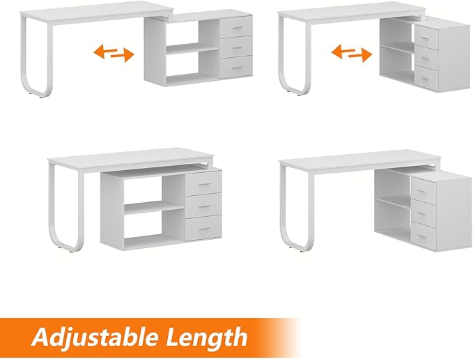 WOODTIME White L Shaped Office Desk with 3 Drawers &amp 2 Shelves 55 Inch Reversible Corner Computer Desk Home Office Executive Writing Sturdy Desk with Metal Legs