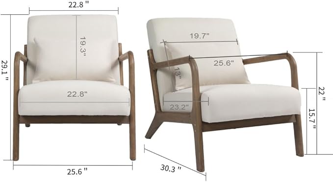 Mid Century Modern Accent Chair with Wood Frame Upholstered Living Room Chairs with Waist Cushion Reading Armchair for Bedroom Sunroom (White + Velvet + Cotton)