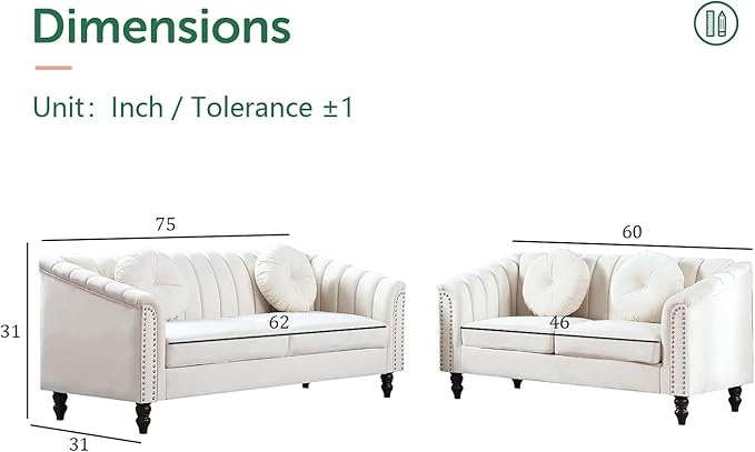 Chesterfield Sofa Set Luxurious Velvet Chesterfield Settee Couch SetSofa and Loveseat SetUpholstered Rolled Arm with Rivets/4 Button Tufted Pillow Modern Sofa Living Room SetWhite