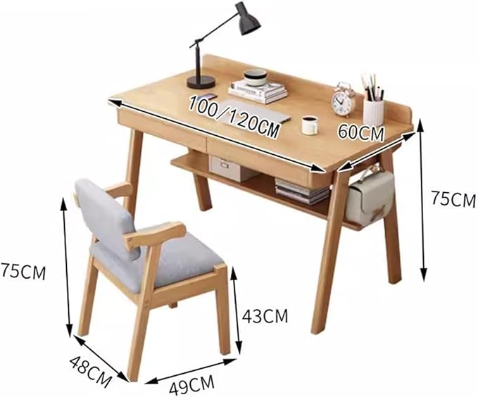 Small Desk with Drawers Solid Wood Computer Desk for Small Spaces Gaming Study Home Office Table for Work Student PC Table for Bedroom Escritorios para Cuartos (Desk and Chair L-100CM)