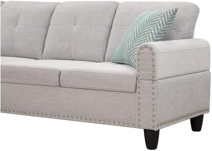 Sophisticated Simplicity Sectional Sofa with Ottoman Living Room Set Left Facing Chaise 2 Cup Holders 2 Throw Pillows Tufted Back and Seat - 99.5 D x 67 W x 32 H Light Gray