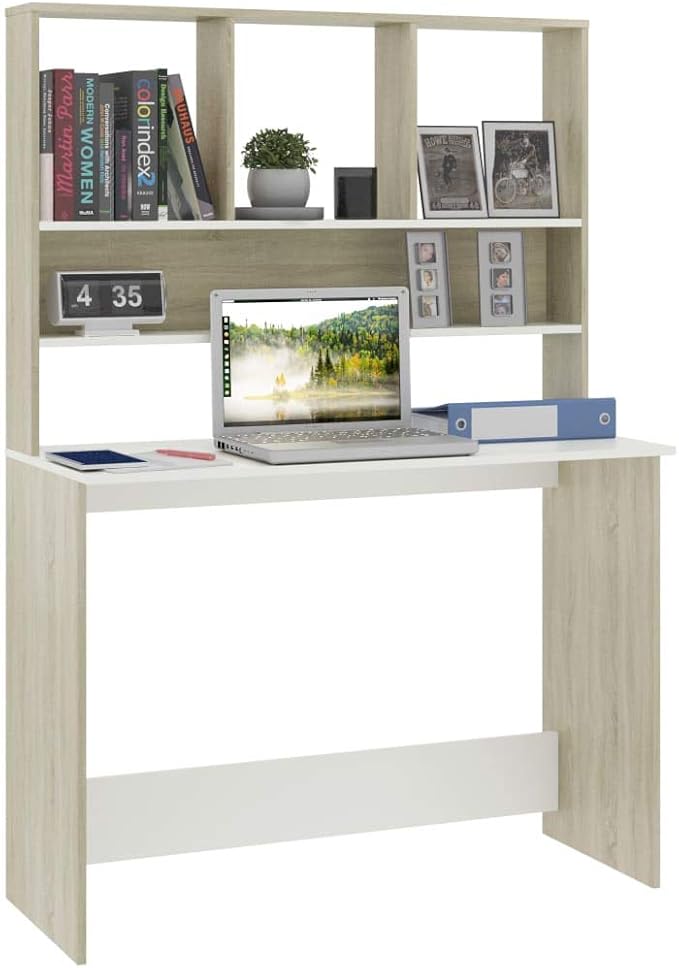 vidaXL Desk Computer Desk with Bookshelves Workstation for Living Room Bedroom Home Office Desk with Storage White and Sonoma Oak Engineered Wood