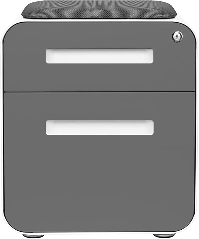 Laura Davidson Furniture STOCKPILE Mini Seated 2 Drawer Mobile File Cabinet with Removable Magnetic Cushion Seat - Short Version Metal Filing Cabinet Pre-Assembled Dark Grey Face with Grey Cushion