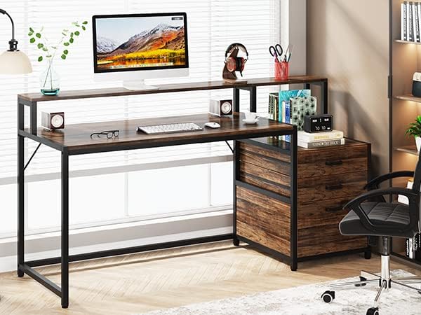 Tribesigns 63 Inch Computer Desk with File Drawer Cabinet Ergonomic Office Desk with Monitor Stand Industrial Computer Table with Printer Space Wood PC Table Workstation Desk for Home Office