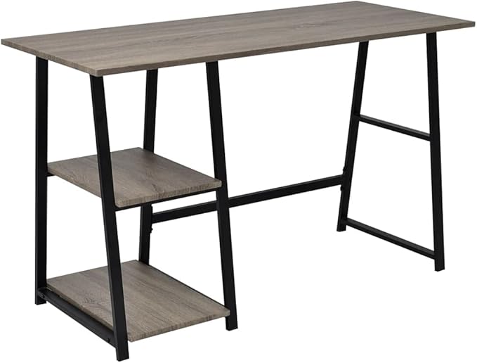Writing Table Computer Desk Home Office Study Desk with 2-Tier Shelves Industrial Simple Style PC Gaming Desk Workstation for PC Laptop Notebook Gray
