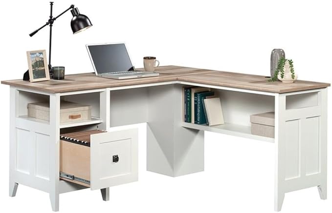 Pemberly Row L-Shaped Engineered Wood Computer Desk Glacier White Finish File Drawer Grommet Holes Cord Management Lower Shelf Modern Farmhouse Home Office Desk