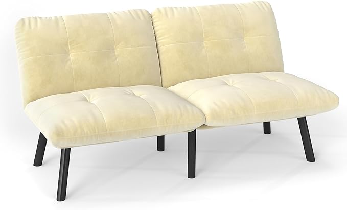 Sofa Bed with Chaise Modern Convertible Sleeper Sectional Loveseat Velvet Futon Couch with Tufted Back and Metal Legs for Small Space Apartment (Cream)