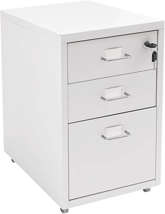 3 Drawer Locking File Cabinet Mobile Storage Organizer with Wheels Under Desk Metal Small Filing Cabinets for Home Office Study Dresser (White)