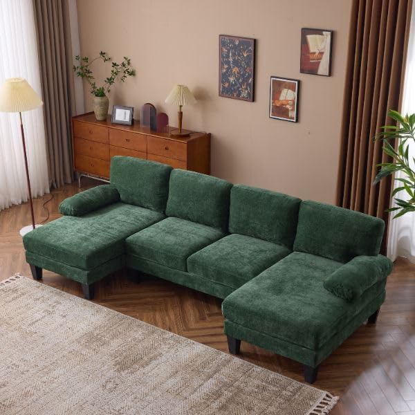 VINGLI 110 Sectional Couches for Living RoomU Shaped Couch with Double Chaise 4-Seat Sofa Set with Chenille Fabric for Home FurnitureForest Green